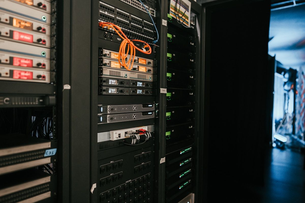 Servers and network equipment installed and cabled in an enterprise rack